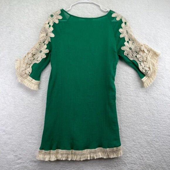 Umgee Womens Tunic Dress Size Small Kelly Green Crochet Flowers Fringe Hems Boho - Picture 7 of 7